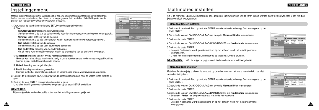 Samsung DVD-L100W Instellingenmenu, Taalfuncties instellen, Menutaal Speler instellen, Menutaal Disk instellen, ① Taal 