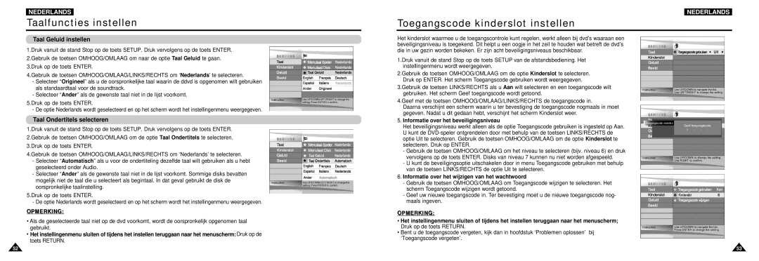 Samsung DVD-L100W manual Toegangscode kinderslot instellen, Taal Geluid instellen, Taal Ondertitels selecteren 