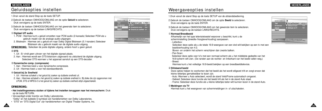 Samsung DVD-L100W manual Geluidsopties instellen, Weergaveopties instellen 