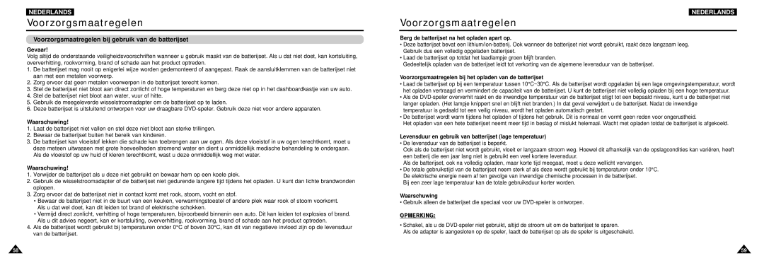 Samsung DVD-L100W Voorzorgsmaatregelen bij gebruik van de batterijset, Gevaar, Berg de batterijset na het opladen apart op 