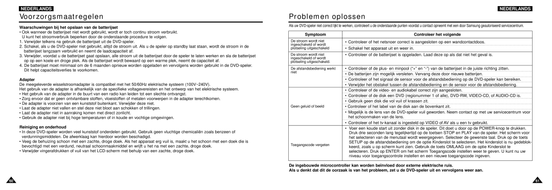 Samsung DVD-L100W manual Problemen oplossen 