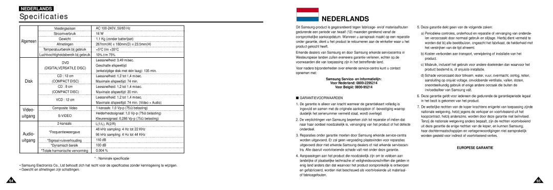 Samsung DVD-L100W manual Specificaties, Nederlands 