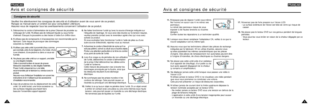 Samsung DVD-L100W manual Avis et consignes de sécurité, Consignes de sécurité 