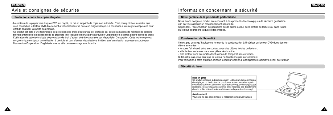 Samsung DVD-L100W Information concernant la sécurité, Protection contre les copies illégales, Condensation de l’humidité 