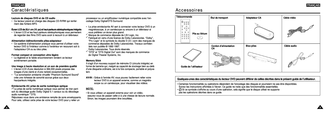 Samsung DVD-L100W Caractéristiques, Accessoires, Français, Lecture de disques DVD et de CD audio, Memory Stick, Bloc-piles 