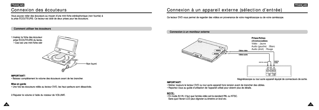 Samsung DVD-L100W Connexion des écouteurs, Connexion à un appareil externe sélection d’entrée, Français, Mise en garde 