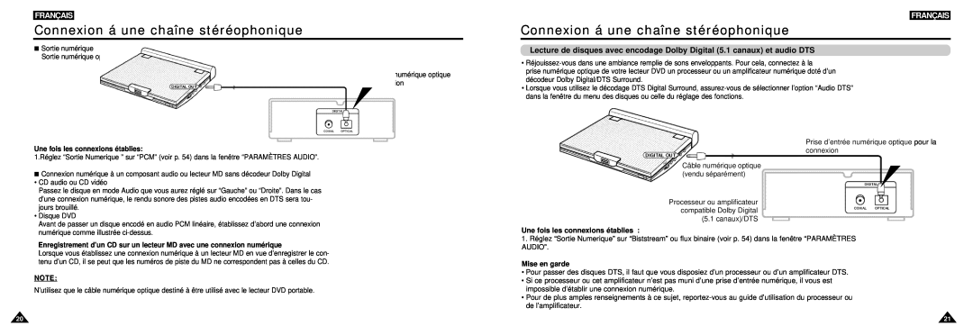 Samsung DVD-L100W manual Connexion á une chaîne stéréophonique, Français, Une fois les connexions établies, Mise en garde 