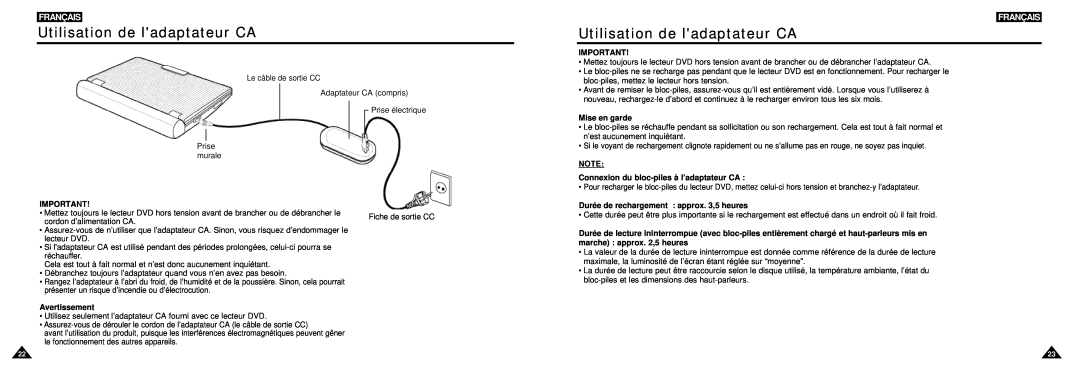 Samsung DVD-L100W manual Utilisation de ladaptateur CA, Français, Avertissement, Mise en garde 