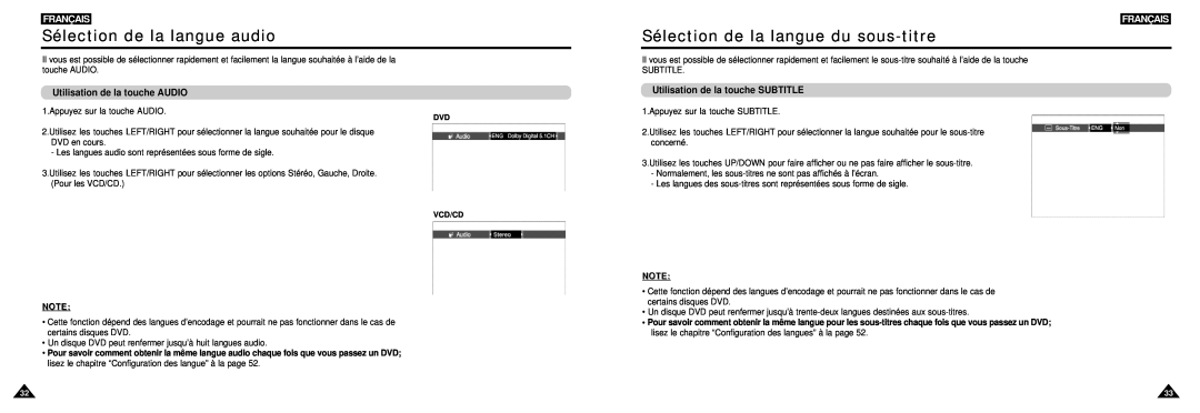 Samsung DVD-L100W manual Sélection de la langue audio, Sélection de la langue du sous-titre, Utilisation de la touche AUDIO 