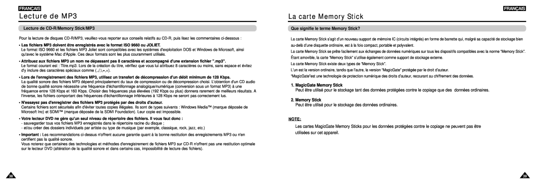 Samsung DVD-L100W manual Lecture de MP3, La carte Memory Stick, Lecture de CD-R/Memory Stick/MP3, Français 