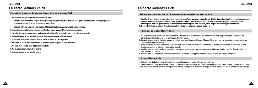 Samsung DVD-L100W Précautions à observer lors du maniement de la carte Memory Stick, Formatage de la carte Memory Stick 