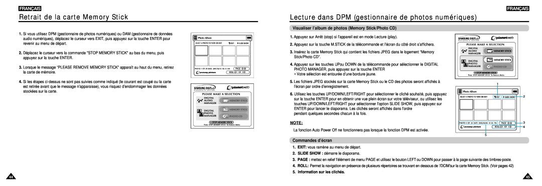 Samsung DVD-L100W manual Retrait de la carte Memory Stick, Lecture dans DPM gestionnaire de photos numériques, Français 