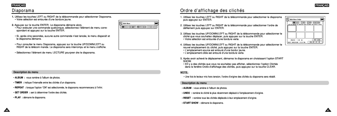 Samsung DVD-L100W manual Diaporama, Ordre d’affichage des clichés, Description du menu, Français 
