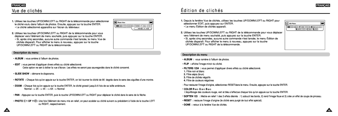 Samsung DVD-L100W manual Vue de clichés, Édition de clichés, Français, Description du menu, Color R + - G + - B + 