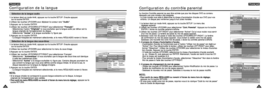 Samsung DVD-L100W Configuration du contrôle parental, Sélection de la langue audio, Sélection de la langue des sous-titres 