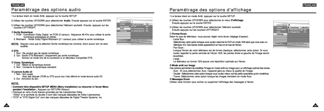 Samsung DVD-L100W Paramétrage des options audio, Paramétrage des options d’affichage, Français, ① Sortie Numerique, ② DTS 