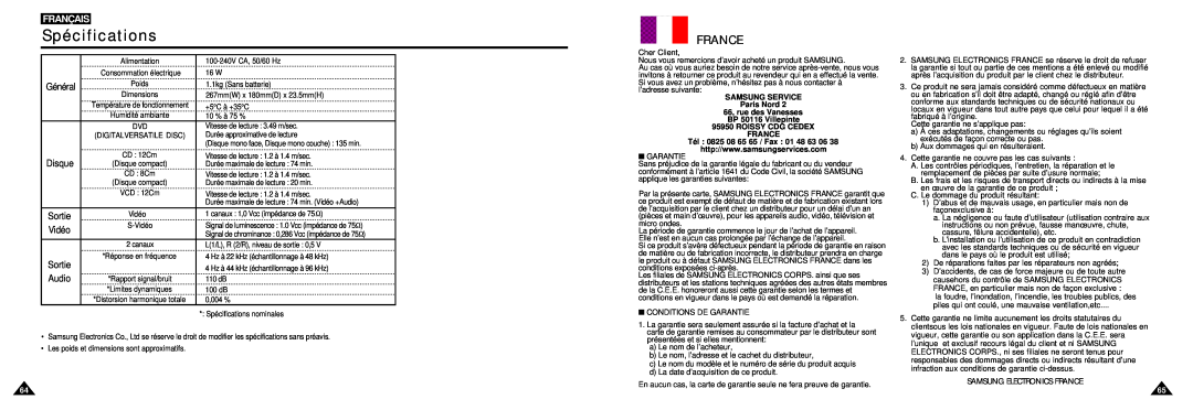 Samsung DVD-L100W manual Spécifications, Français, Samsung Electronics France 