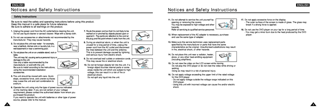 Samsung DVD-L100W manual Notices and Safety Instructions, English 