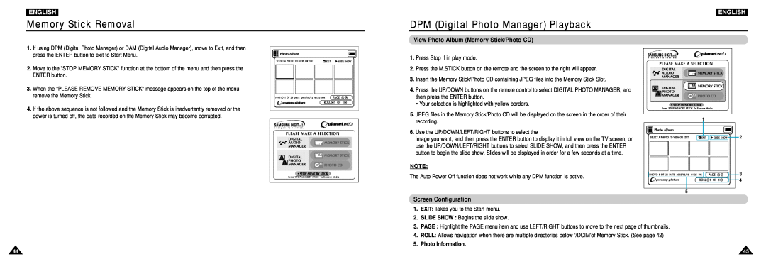 Samsung DVD-L100W manual Memory Stick Removal, DPM Digital Photo Manager Playback, View Photo Album Memory Stick/Photo CD 