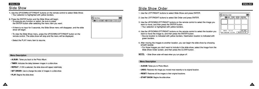 Samsung DVD-L100W manual Slide Show Order, Menu Description, English 