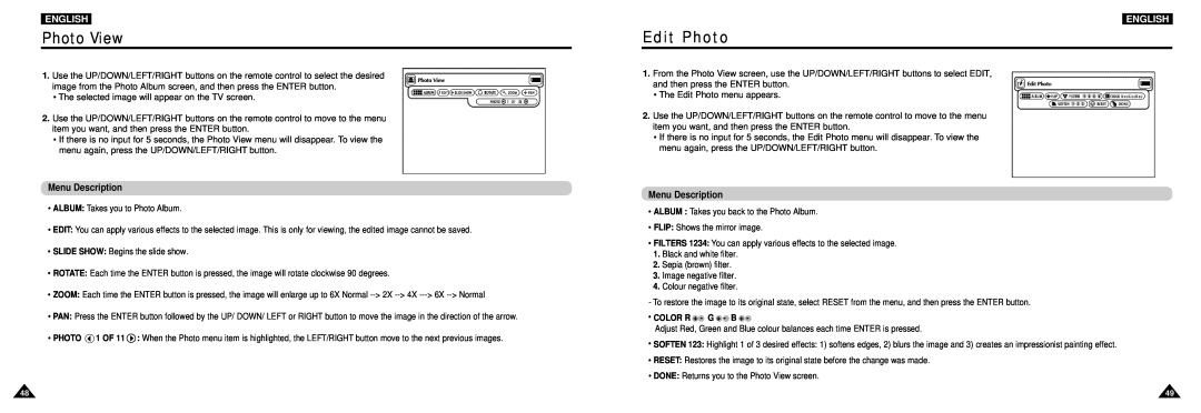 Samsung DVD-L100W manual Photo View, Edit Photo, English, Menu Description, Color R + - G + - B + 
