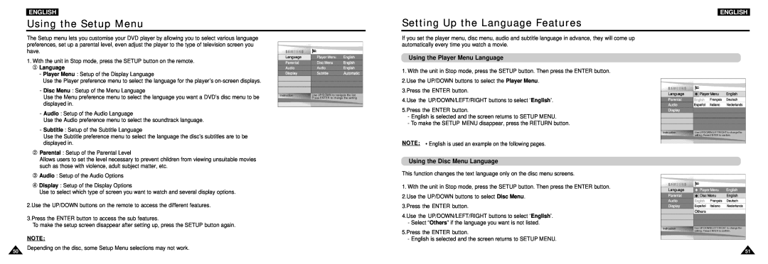 Samsung DVD-L100W manual Using the Setup Menu, Setting Up the Language Features, Using the Player Menu Language, English 