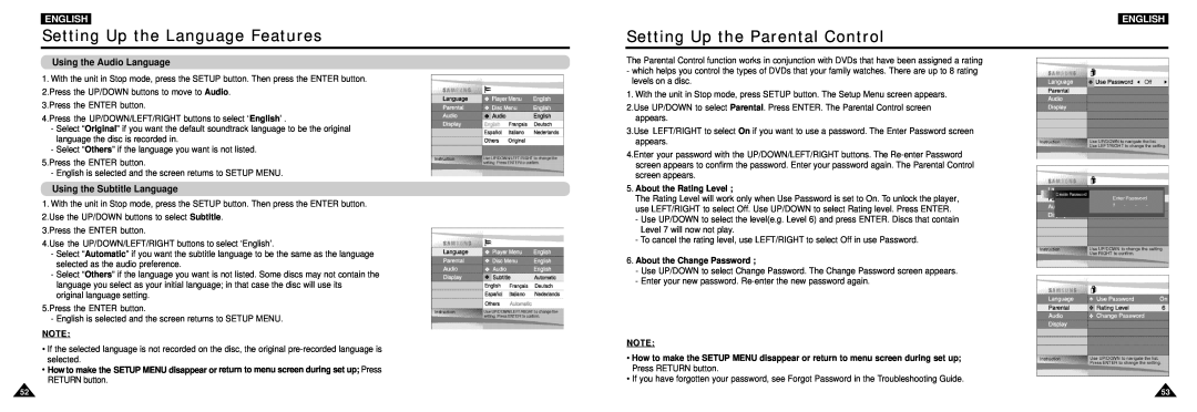 Samsung DVD-L100W manual Setting Up the Parental Control, Using the Audio Language, Using the Subtitle Language, English 