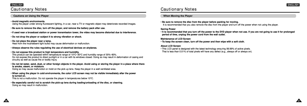 Samsung DVD-L100W manual Cautionary Notes, Cautions on Using the Player, When Moving the Player, English, Saving Power 