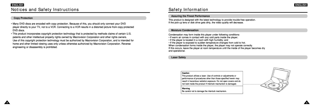 Samsung DVD-L100W Safety Information, Copy Protection, Assuring the Finest Performance, Moisture Condensation, English 