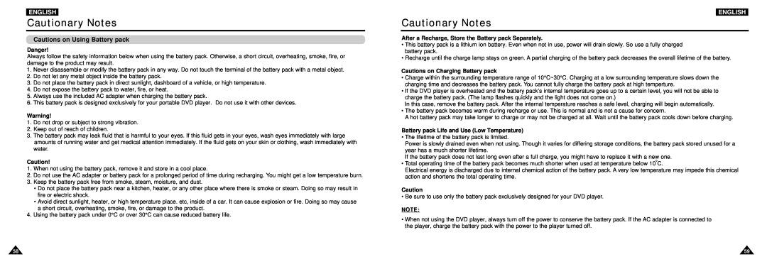 Samsung DVD-L100W Cautions on Using Battery pack, Cautionary Notes, English, Danger, Cautions on Charging Battery pack 