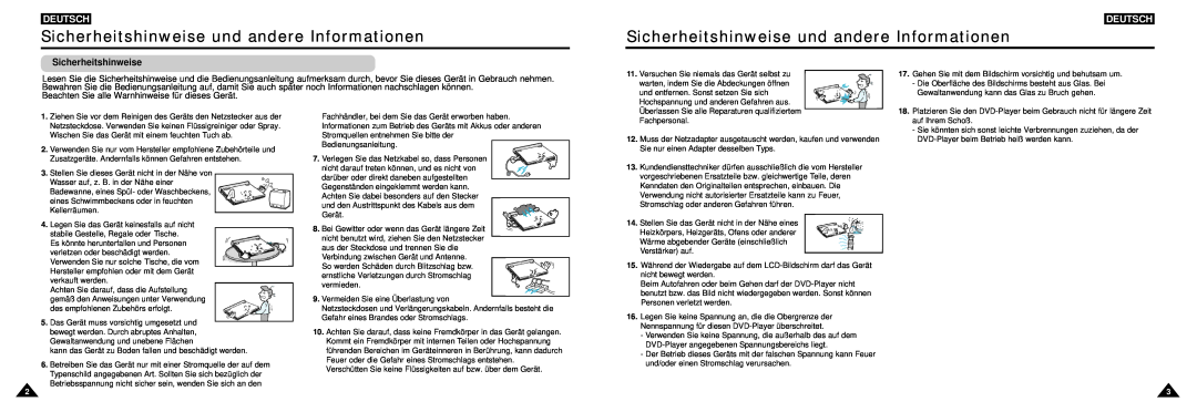 Samsung DVD-L100W manual Sicherheitshinweise und andere Informationen, Deutsch 