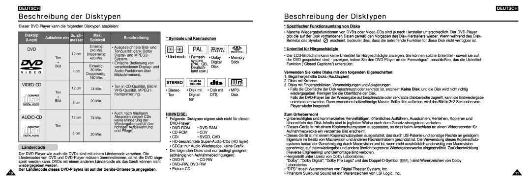 Samsung DVD-L100W Beschreibung der Disktypen, Video-Cd Audio-Cd, Ländercode, Deutsch, Disktyp Logo, Max Spielzeit, Stereo 