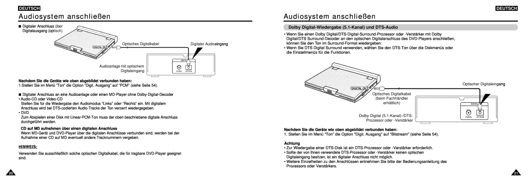 Samsung DVD-L100W manual Dolby Digital-Wiedergabe 5.1-Kanal und DTS-Audio, Audiosystem anschließen, Deutsch, Achtung 