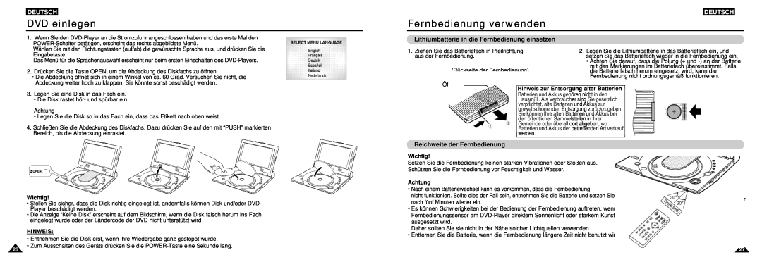 Samsung DVD-L100W DVD einlegen, Fernbedienung verwenden, Lithiumbatterie in die Fernbedienung einsetzen, Deutsch, Wichtig 