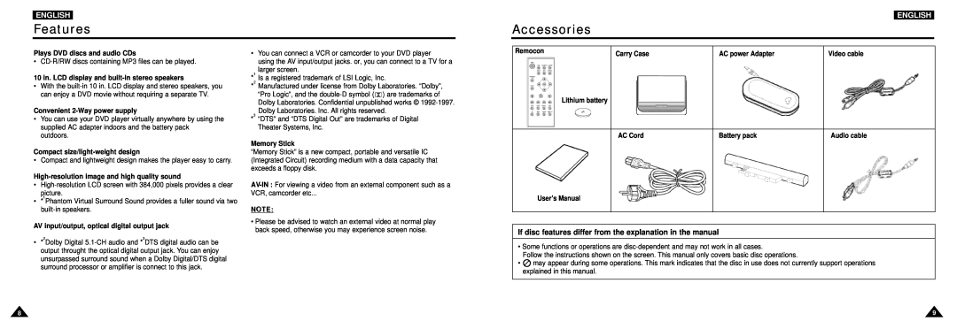 Samsung DVD-L100W Features, Accessories, If disc features differ from the explanation in the manual, English, Memory Stick 