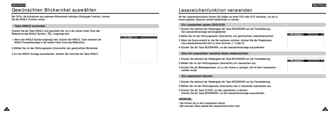 Samsung DVD-L100W manual Gewünschten Blickwinkel auswählen, Lesezeichenfunktion verwenden, Taste ANGLE verwenden, Deutsch 