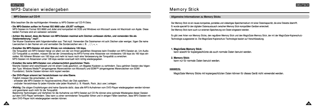 Samsung DVD-L100W manual MP3-Dateien auf CD-R, Allgemeine Informationen zu Memory Sticks, MP3-Dateien wiedergeben, Deutsch 