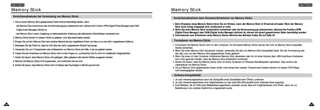Samsung DVD-L100W manual Vorsichtsmaßnahmen bei Verwendung von Memory Sticks, Formatieren von Memory Sticks, Deutsch 