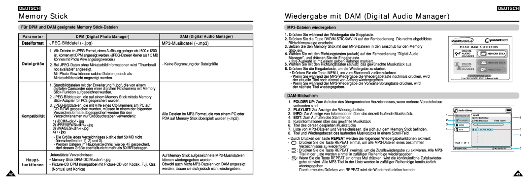 Samsung DVD-L100W Wiedergabe mit DAM Digital Audio Manager, Für DPM und DAM geeignete Memory Stick-Dateien, Dateiformat 