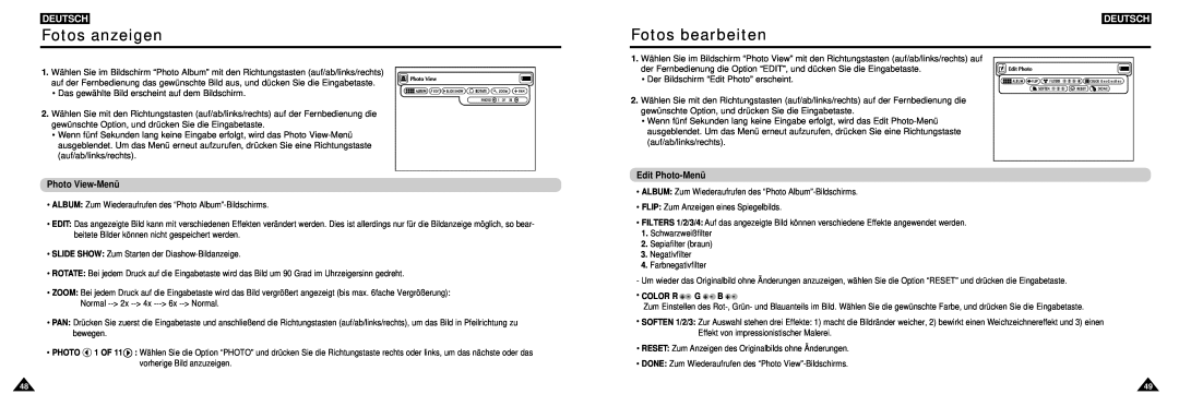 Samsung DVD-L100W manual Fotos anzeigen, Fotos bearbeiten, Photo View-Menü, Edit Photo-Menü, Deutsch, Color R + - G + - B + 