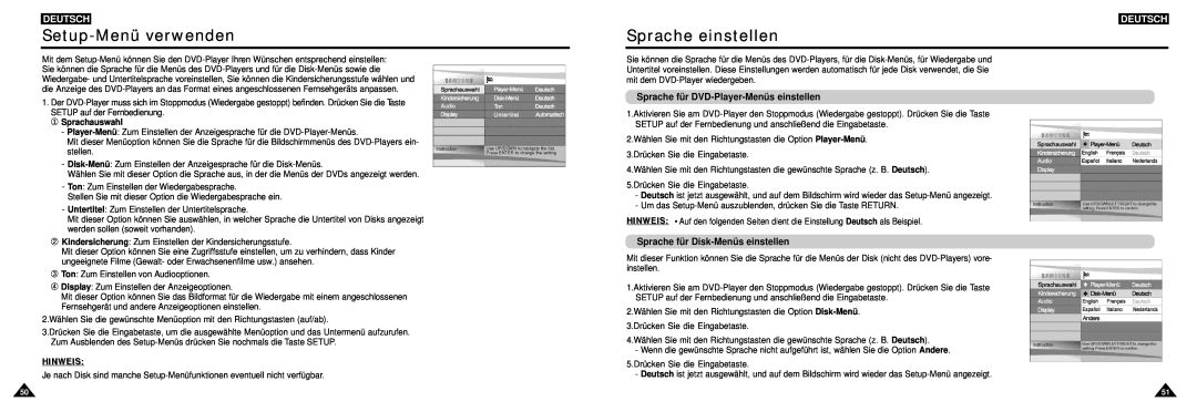 Samsung DVD-L100W manual Setup-Menü verwenden, Sprache einstellen, Sprache für DVD-Player-Menüs einstellen, Deutsch 