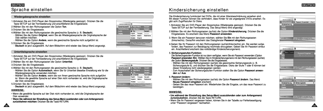 Samsung DVD-L100W manual Kindersicherung einstellen, Wiedergabesprache einstellen, Untertitelsprache einstellen, Deutsch 