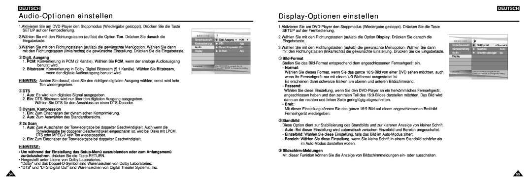 Samsung DVD-L100W Audio-Optionen einstellen, Display-Optionen einstellen, Deutsch, ① Digit. Ausgang, ② DTS, ④ 2x Scan 