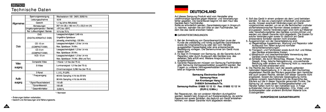 Samsung DVD-L100W Technische Daten, Deutschland, Samsung Electronics GmbH Samsung-Haus Am Kronberger Hang, EUR 0,12/Min 