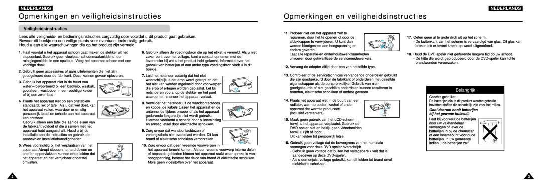 Samsung DVD-L100W manual Opmerkingen en veiligheidsinstructies, Nederlands, Veiligheidsinstructies, Belangrijk 