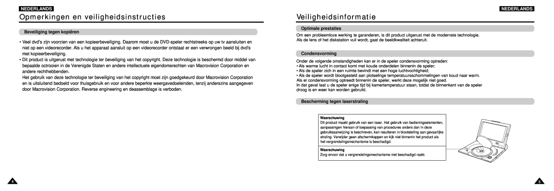 Samsung DVD-L100W manual Veiligheidsinformatie, Beveiliging tegen kopiëren, Optimale prestaties, Condensvorming, Nederlands 