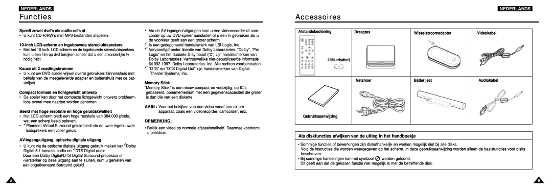 Samsung DVD-L100W Functies, Accessoires, Als diskfuncties afwijken van de uitleg in het handboekje, Nederlands, Draagtas 