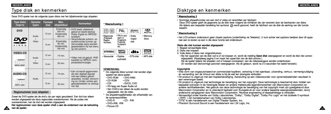 Samsung DVD-L100W Type disk en kenmerken, Disktype en kenmerken, Dvd Video-Cd, Audio-Cd, Regionummer voor afspelen, typen 
