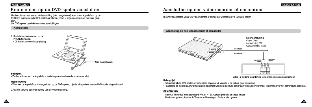 Samsung DVD-L100W manual Koptelefoon op de DVD-speler aansluiten, Aansluiten op een videorecorder of camcorder, Nederlands 