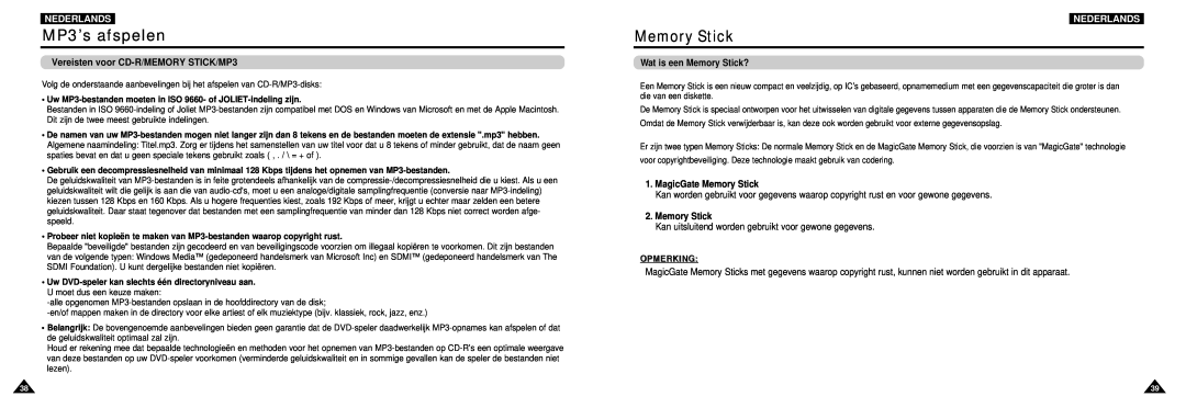 Samsung DVD-L100W manual Vereisten voor CD-R/MEMORY STICK/MP3, Wat is een Memory Stick?, MP3’s afspelen, Nederlands 